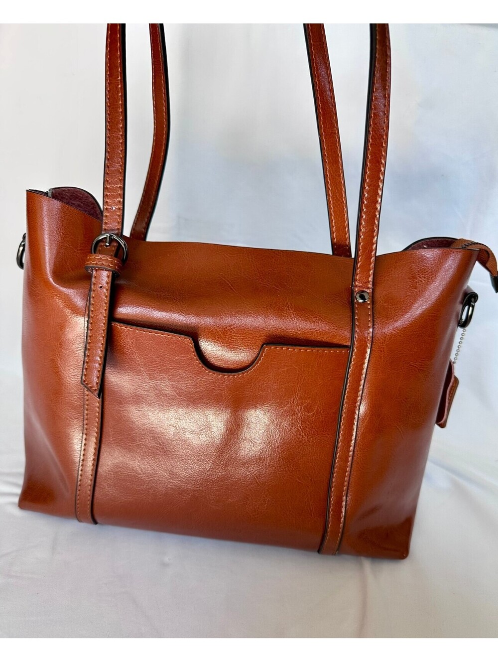 Cognac Brown Large Shoulder Tote Bag Zip Top Organizer Purse